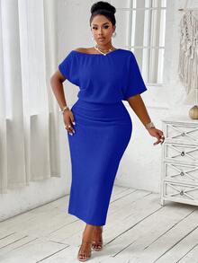 BIUBIU Plus Size Sexy Solid Color Asymmetrical Neck Casual Dress - Blue - View 4