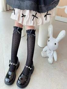 1pc Solid Color Over-The-Knee Long Lolita Stockings, Polyester Fiber, Suitable For Summer - Multicolor - View 5