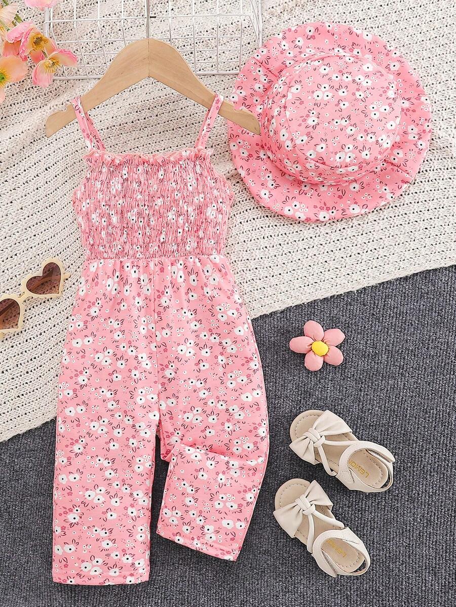 2 pièces/set Ensemble combinaison et chapeau imprimé floral décontracté pour bébé fille, confortable - Rose bonbon - Voir 1