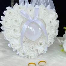 1 pieza Caja de anillo con forma de corazón romántica con rosa decorativa y rhinestones - cada centro de flor está decorado con piedras de cristal premium, adecuado para cualquier boda