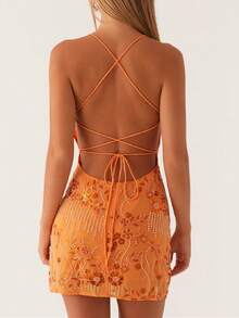 Mini Dresses For Women Sexy Halter Glitter Cami Short Dress Sparkly Party Club Cocktail Bodycon Outfits - 橘色 - 查看 4