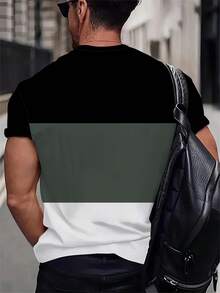 Plus Size Men's Plaid Colorblock Graphic Printed T-Shirt - Polyester Knit Fabric, Round Neck, Casual Fit, Creative Design - Olive Green - View 2