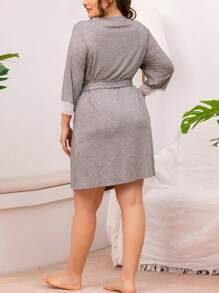 1 Peça Camisola Longa de Manga Comprida para Mulheres Plus Size, Elegante com Renda Recortada e Amarração, Malha, Primavera/Verão