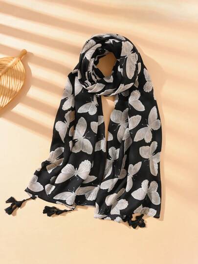 1 pezzo Elegante sciarpa pendente in lino con stampa farfalla, sciarpa da donna alla moda versatile, stola parasole per esterni, coprispalla da spiaggia