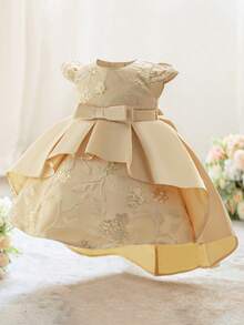 Baby Girls Sequin Embroidered Satin Trailing Party Dress, Suitable For 1st Birthday Celebration, Flower Girl Wedding, Fabric Pattern Random - Champagne - View 3