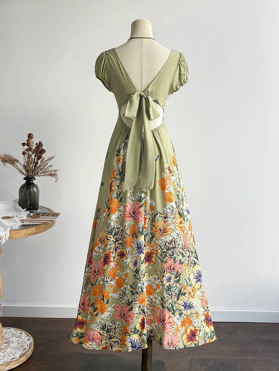 Rusttydustty Đầm dài hở lưng cổ chữ V in họa tiết cây nhiệt đới màu xanh lá cây dành cho nữ, trang phục bãi biển Boho Phục sinh, lễ hội âm nhạc Hawaii, kỳ nghỉ nhiệt đới - màu xanh lá - Xem 1