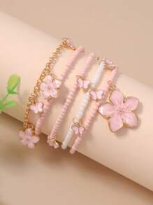 5pcs Set Cute Butterfly Floral Beaded Bracelets For Women, Everyday Wear