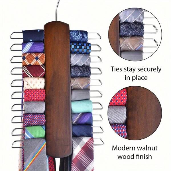 1 Stück platzsparnder Holz Krawatttenhalter & Gürtelhalter mit 20 Haken und rutschfesten Clips - moderne Walnuss Oberfläche, für sichere Accessoire Organisation und Präsentation, Kleiderbügel