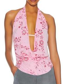 Top con lentejuelas de cuello halter para mujer, sexy, sin mangas, escote en V profundo, espalda descubierta, top de lentejuelas para salir de noche, fiestas y raves
