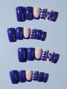 24pcs Square Flower French Manicure Nail Stickers Set, Includes 1pc Jelly Gel And 1pc Nail File, Suitable For Women's Daily Work, Festivals And Parties Nails Nail Supplies - Navy Blue - View 4