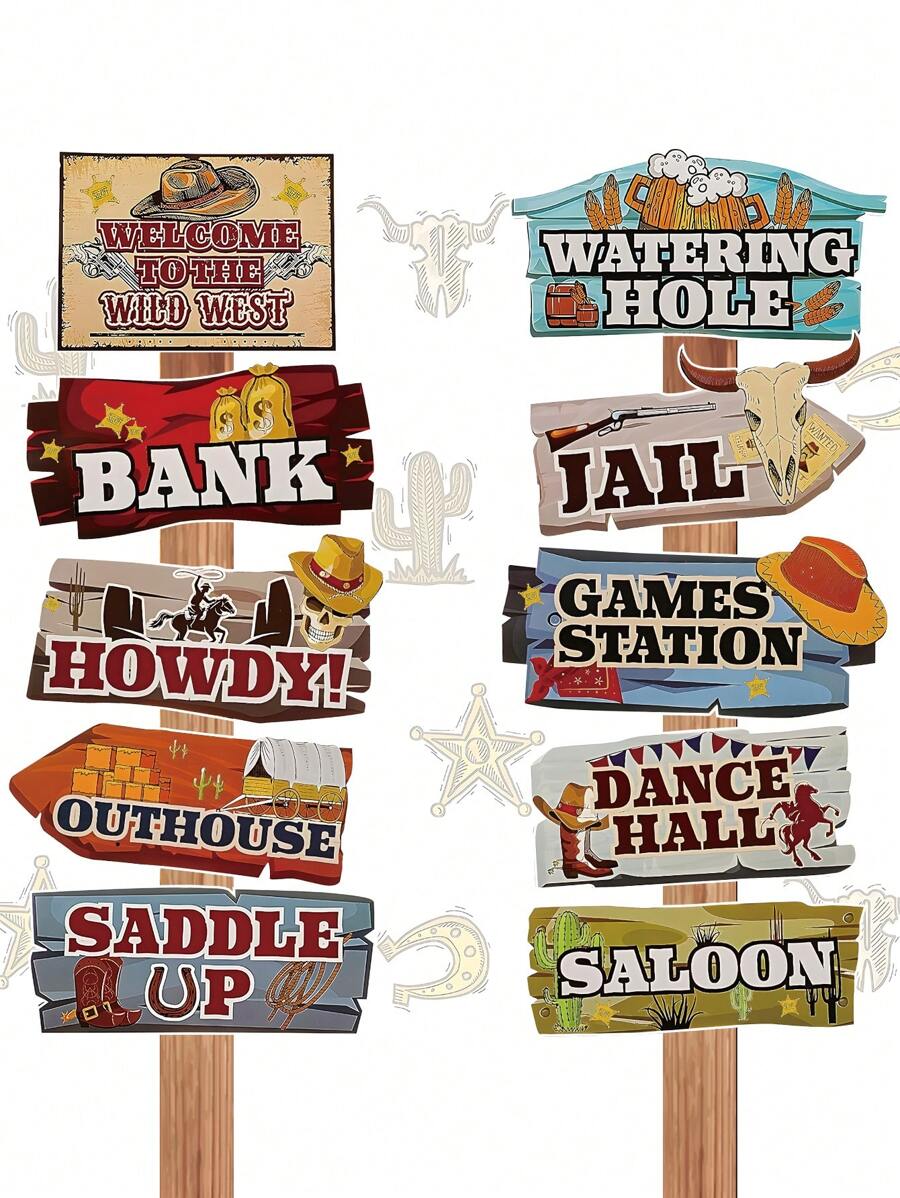 10pcs Western Cowboy Theme Party Directional Road Sign Party Decorations, Western Cowboy Paper Signs For Western Cowboy Theme Party Supplies, Waterproof Large Western Cowboy Theme Sign With Stakes, Western Cowboy Direction Signpost Western Cowboy Direction Arrow Courtyard Sign, Western Cowboy Theme Party Room Wall Background Decoration, Western Cowboy Sign Cutouts, Western Cowboy Party Supplies