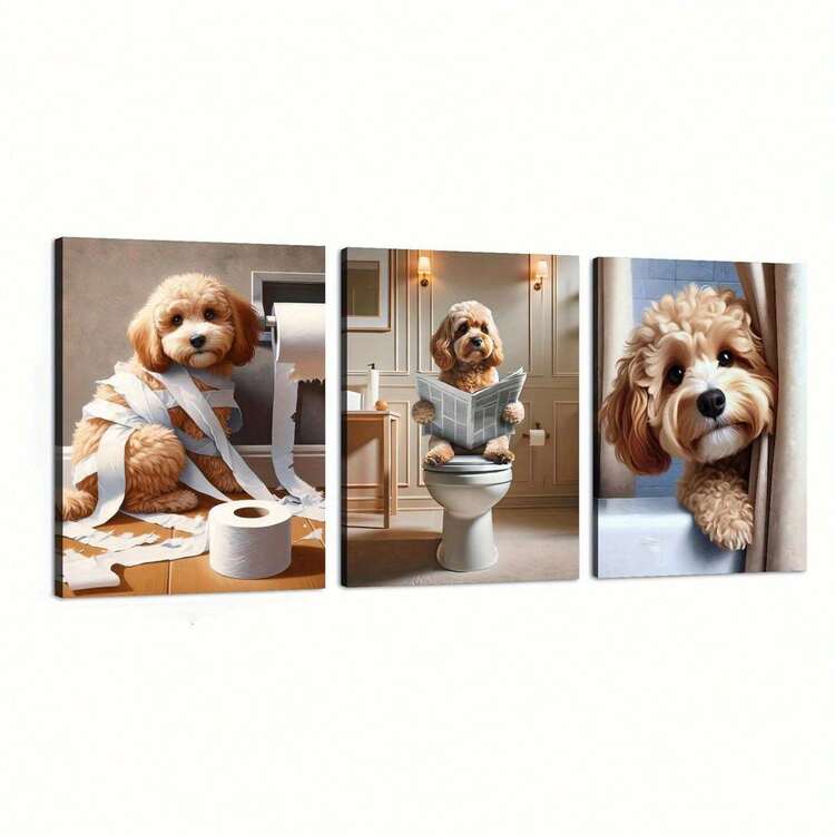 مجموعة من 3 لوحات، كلب جالس على المرحاض يقرأ جريدة، حيوانات، طباعة مرحاض مضحكة حديثة، لوحات فنية للحيوانات، ملصقات قماش إبداعية، فن جدران بطباعة مائية على قماش، لوحات جدارية، يمكن استخدامها كهدايا، في غرف النوم والمكاتب وزخرفة الحوائط في المنزل والمدرجات - متعدد الألوان - مشاهدة 1