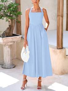 Women's Summer Casual Sleeveless Strapless Maxi Dresses Flutter Wedding Dresses Beach Holiday Dresses - Màu xanh nhạt - Xem 2
