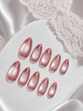 10Pcs/Set M Size Almond-Shaped Sweet & Gentle Handmade Pink Chameleon Cat Eye Shell Nail Stick-On Covers With 1Pc Jelly Gel & 1Pc Buffer Block Press On Nails Nail Supplies Nails