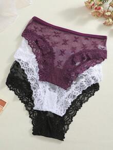 Set de 3 bragas cómodas y transpirables de tiro bajo y sexy con estampado de encaje de mariposa para mujeres - Multicolor - Ver 4