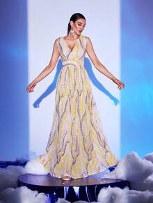 Yellow V-Neck Sequins Long Evening Gown Dress, Formal, Party Dress, For Wedding Guest - Yellow - View 2