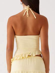 Women Ruffle Frill Halter Tops Sexy Cutout Backless Cami Tanks Asymmetrical Hem Y2K Slim Fit Cute Going Out Summer Crop Top - Yellow - View 3