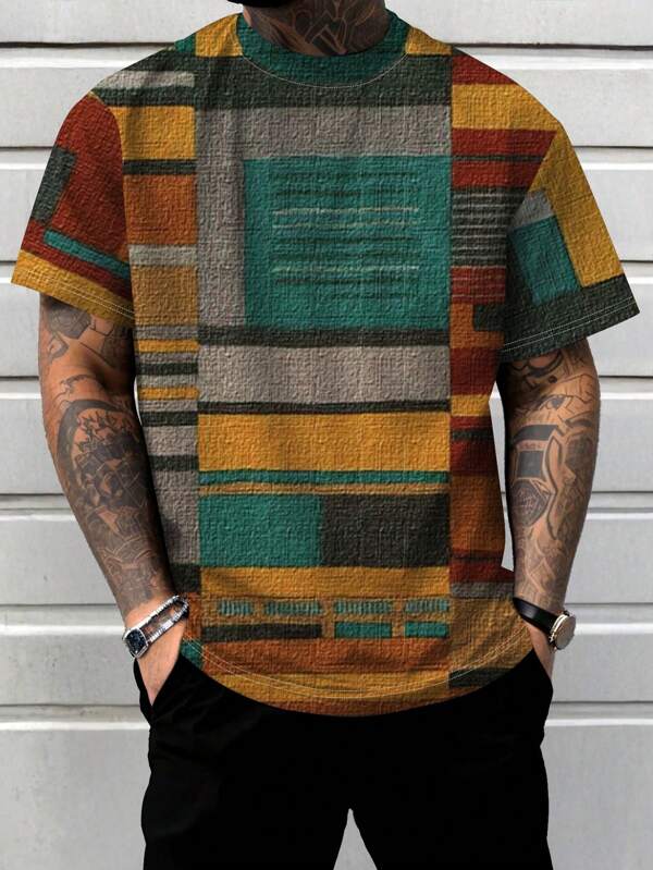 Camiseta masculina plus size com estampa de patchwork e gola redonda e manga curta