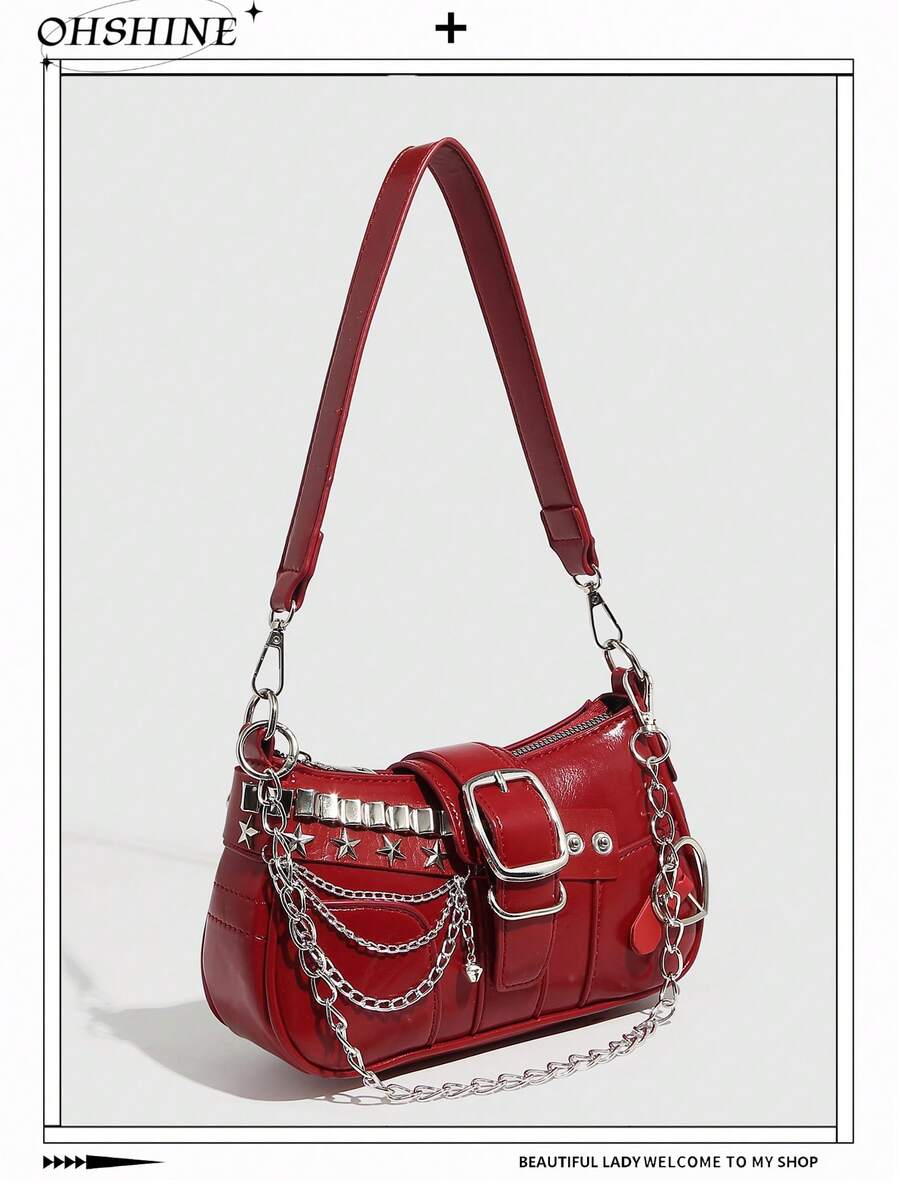 1 Peça Bolsa Feminina Estilo Y2K, Bolsa Transversal Versátil Com Design De Estrela E Lua Crescente, Bolsa De Ombro Com Alça De Corrente Em Bloco De Cor Preta E Vermelha, Bolsa Millenial Para Rua, Festa, Presente - Vermelho - Ver 1