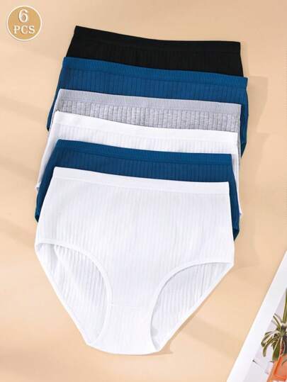 6条装女士高腰罗纹内裤，多种颜色可选，柔软舒适，透气性好，适合日常穿着，弹力面料，女士内衣
