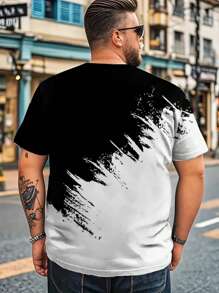 1 pieza Camiseta de manga corta casual en negro y blanco con efecto salpicado y diseño estampado con forma de montaña para hombre de talla grande
