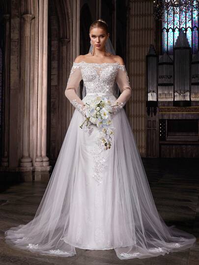 Elasola Abiti da sposa lunghi in pizzo bianco romantici, con design smanicato e in rete, per spose