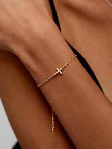 1pc Fashionable Crystal Cross Single Layer Bracelet For Women, Silver-Tone Bracelet - Cross - View 2