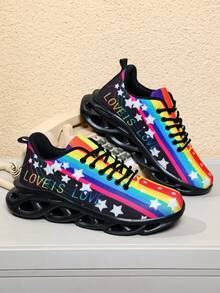 男士街头时尚多色彩虹星纹扭底休闲运动鞋，户外经典刀锋底舒适情侣日常百搭四季跑步鞋 - 黑色 - 查看 5