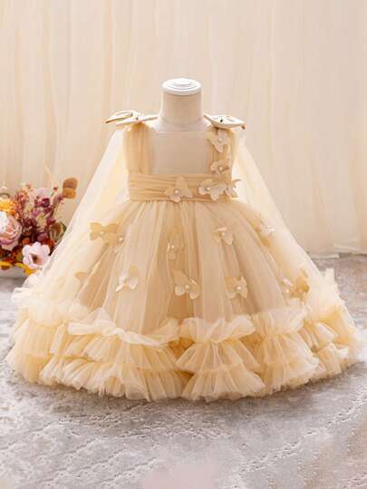1pc Girls Party Tulle Butterfly Beading Puff Cake Dress, Sleeveless Formal Gown Suitable For Birthday Celebration, Formal Events And Spring/Summer Parties