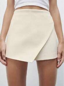 Women's Fashionable And Elegant Solid Color Side Zipper Cross Culottes - Khaki - View 1