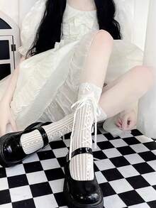 1 双女士甜美可爱镂空白色蕾丝蝴蝶结设计及膝袜，时尚透气，适合日常穿着，Y2k - 白色 - 查看 7