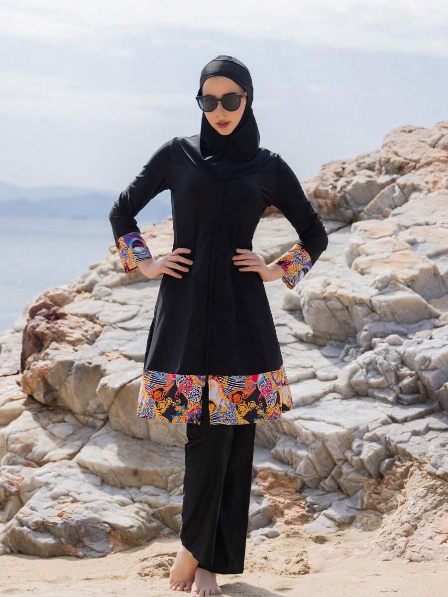 Set de traje de baño modesto de 3 piezas (parte superior de manga larga, pantalón largo y hiyab) de estilo de Oriente Medio para damas, para playa de verano