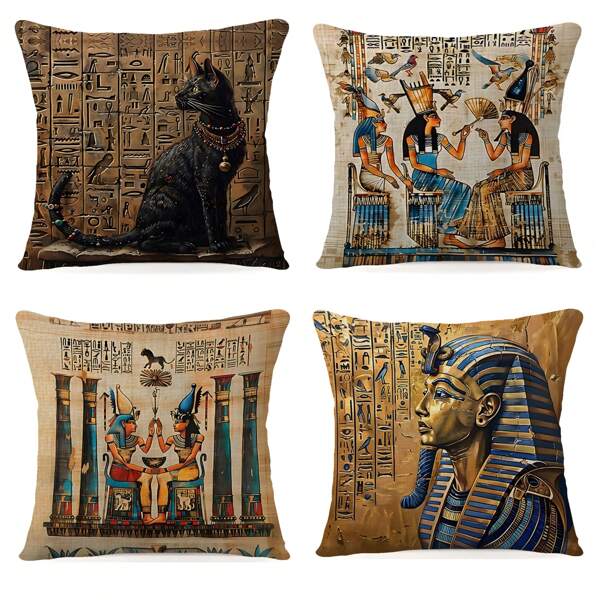 4 pièces Taies d'oreiller avec peinture murale du pharaon égyptien pour la décoration de la chambre, du salon, des coussins de canapé et de siège