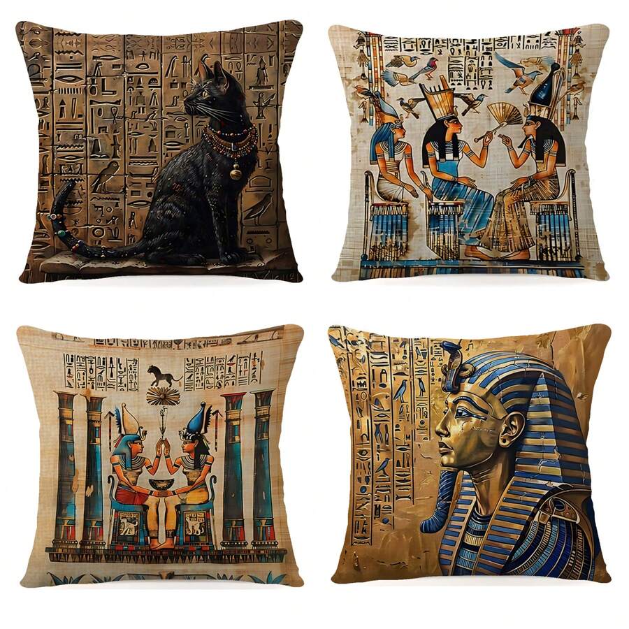 4 pièces Taies d'oreiller avec peinture murale du pharaon égyptien pour la décoration de la chambre, du salon, des coussins de canapé et de siège