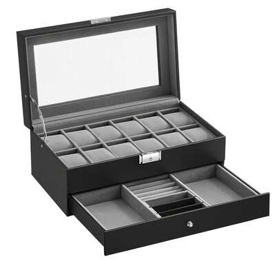 SONGMICS Watch Box, Watch Case With Glass Lid, 2-Tier Watch Display Case For 12 Watches, Lockable, 1 Drawer, For Rings, Bracelets, Gift Idea, Black Coating And Grey Lining