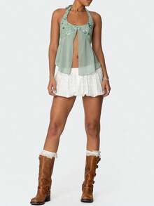 Womens Y2K Sequin Cami Tops Sexy Sparkle Lace Up Crop Top Tie Up Halter Scoop Neck Straps Tank Top - 綠色 - 查看 5