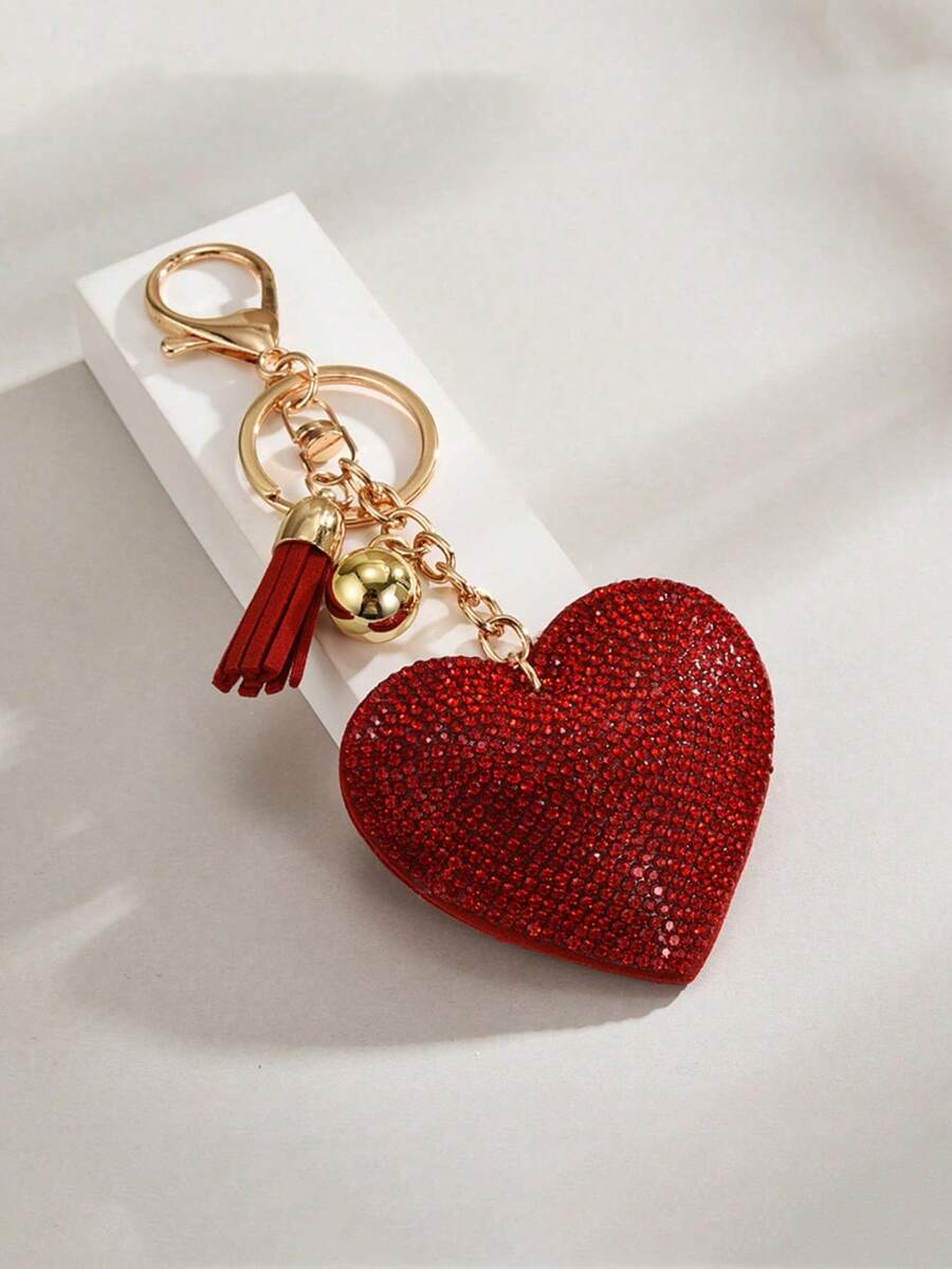 1pc Rhinestone Heart Solid Color Bag Charm Keychain Key Ring Pendant Gift , Backpack Wallet Pendant Small Gift Fashion Metal Bag Charm Travel Accessories - Red - View 1