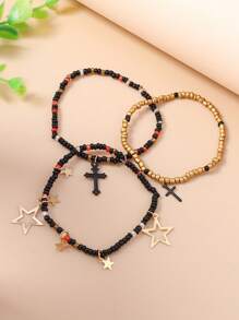 3pcs/Set Star Cross Bead Bracelets Suit For Women, Everyday Wear