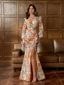 Luxury Floral Chiffon Evening Gown With Layered Ruffles & Side Slit – Elegance For Red Carpet Events, Black-Tie Dinners, Weddings, Art Gallery Openings, And High-End Social Gatherings