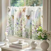 1 件田园风格蝴蝶花卉印花咖啡厅短窗帘，装饰窗帷幔，适用于厨房、卧室 - 彩色 - 查看 4