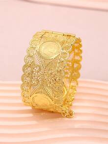 1 pieza Brazalete estilo árabe con ola de moneda tallada hueca dorada, versión suelta, versátil, para mujer para uso diario, fiesta, vacaciones (por favor, comprueba el color antes de hacer el pedido) - pulsera única - Ver 2