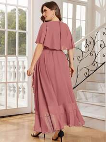 Plus Lace Butterfly Sleeve Contrast Chiffon Ruffle Trim Formal Party Long Dress, Bridesmaid Dress, Wedding Guest Dress, For Birthday, Graduation, Homecoming - Dusty Pink - View 3