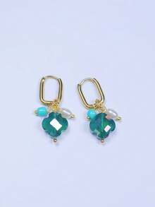 1 对女士不锈钢吊坠耳环，蝴蝶、羽毛、心形、三叶草和珍珠装饰