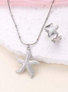 2pcs Bohemian Dopamine Y2k Stainless Steel Blue Starfish Ladies Necklace Ring Set For Men And Women Daily Wear Holiday Dating Gift Jewelry Summer Beach Vacation Men And Women Jewelry Set