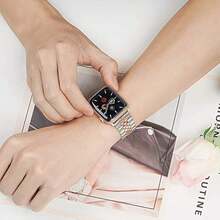 1pc Stainless Steel Solid Metal Strap With Butterfly Buckle Compatible With Apple Watch - Silver Rose Gold - View 5