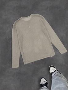 ANDREILEE Casual Loose Fit Distressed Knit Sweater, Unisex Street Style Round Neck Oversized Pullover, Autumn/Spring - Maroon - View 3