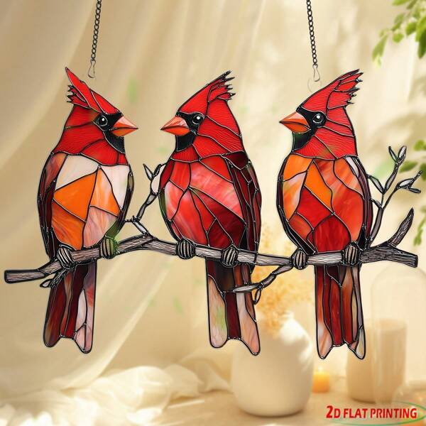Home & Garden Decor Colorful Cardinals Stained Glass Suncatcher | 2D Acrylic Floral Wreath Window Hanging For All Seasons | Unique Bird Theme Gift For Friends, Indoor/Outdoor Lawn & Garden Accessories