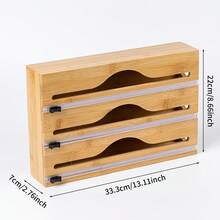All-In-One Food Wrap Dispenser With Aluminum Foil & Stretch Film Cutter Box, Fresh Bamboo Bag Cutter Rack, Wooden Storage Rack For Garbage Bags & Plastic Bags, Convenient & Quick For Kitchen - Multicolor - View 2