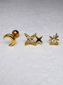 Set de 3 piezas de pendientes de aro con estrella y luna CZ para el trago, hélix, 14K enchapado en oro, zirconia redonda, joyería corporal hipoalergénica con cierre a presión para perforaciones múltiples