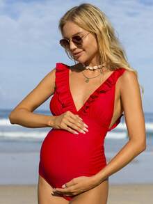 Maternity Solid Color Patchwork Ruffle Cross Tie Backless One-Piece Women's Swimsuit - Red - View 1
